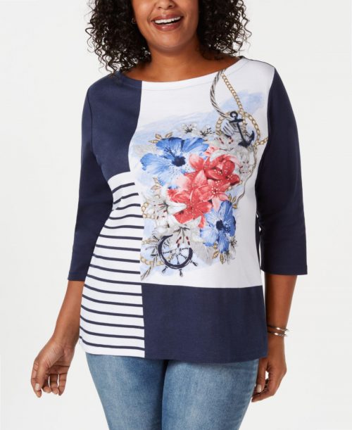 Karen Scott Plus Size 1X Navy Pullover Top